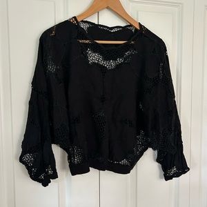 Vintage Black Woven Floral Cropped Blouse